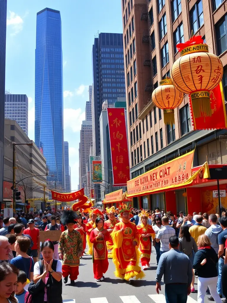 A vibrant image of a Lunar New Year parade in New York City, showcasing the colorful costumes and festive atmosphere, with iconic NYC buildings in the background.