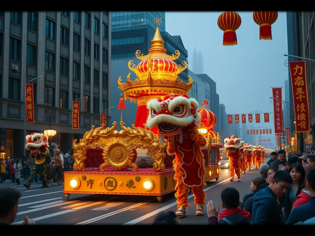 A captivating image of a Lunar New Year parade in San Francisco, California, featuring elaborate floats, lion dances, and a diverse crowd celebrating the holiday.