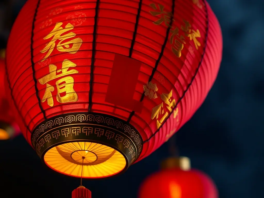 A close-up shot of a traditional Lunar New Year lantern, glowing warmly against a dark night sky, with intricate designs and calligraphy symbolizing good fortune and prosperity for the new year.