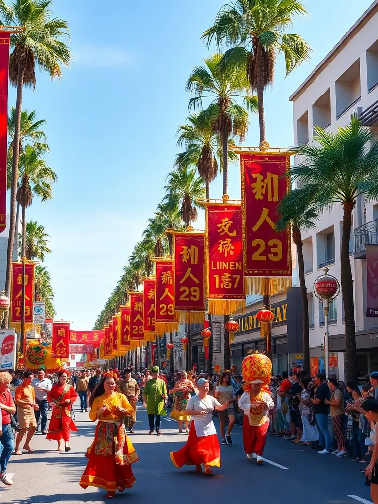 A captivating image of a Lunar New Year celebration in Los Angeles, featuring a vibrant parade and festive decorations, with palm trees lining the streets.