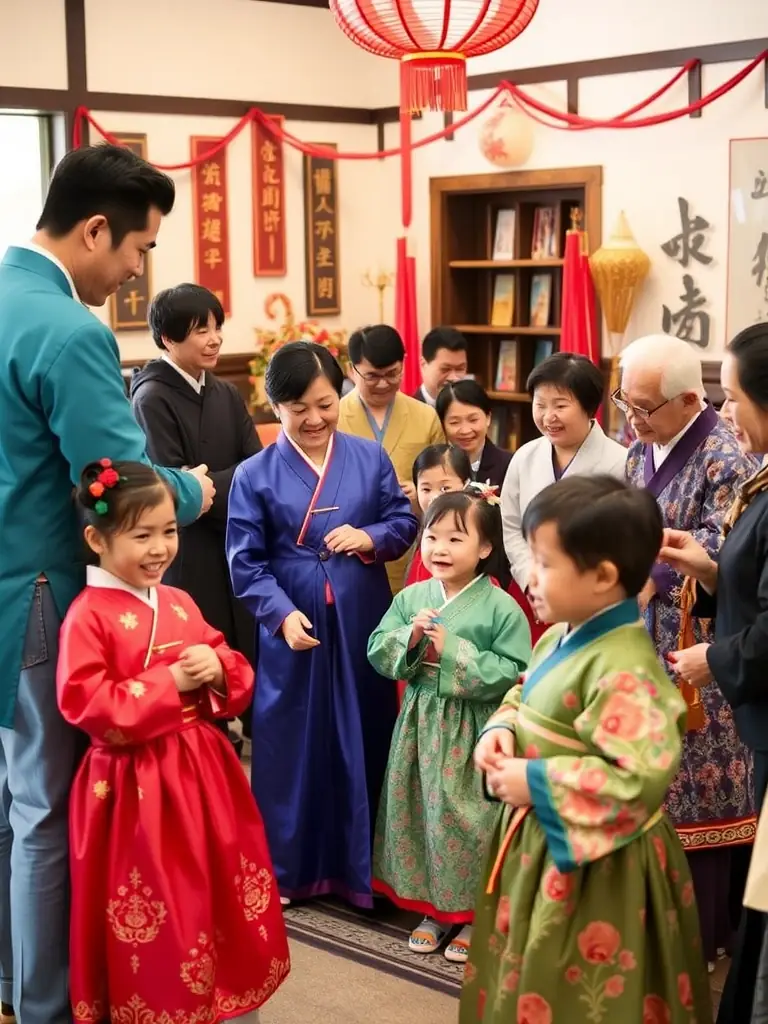 A captivating photo of a traditional Korean Seollal celebration in Los Angeles, with families dressed in Hanboks and engaging in traditional games.