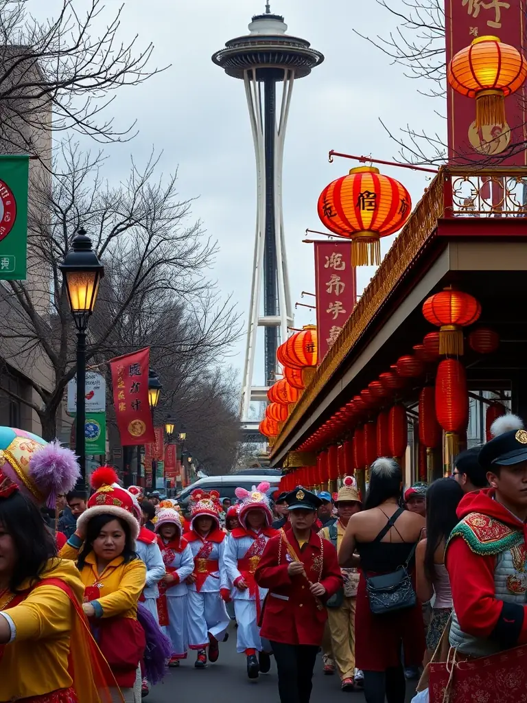 A captivating image of a Lunar New Year celebration in Seattle, featuring a vibrant parade and festive decorations, with the Space Needle subtly visible.