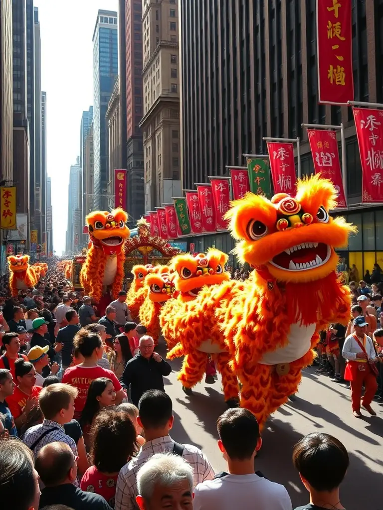 A festive image of a Lunar New Year parade in New York City, featuring elaborate floats, lion dances, and a diverse crowd celebrating the holiday.