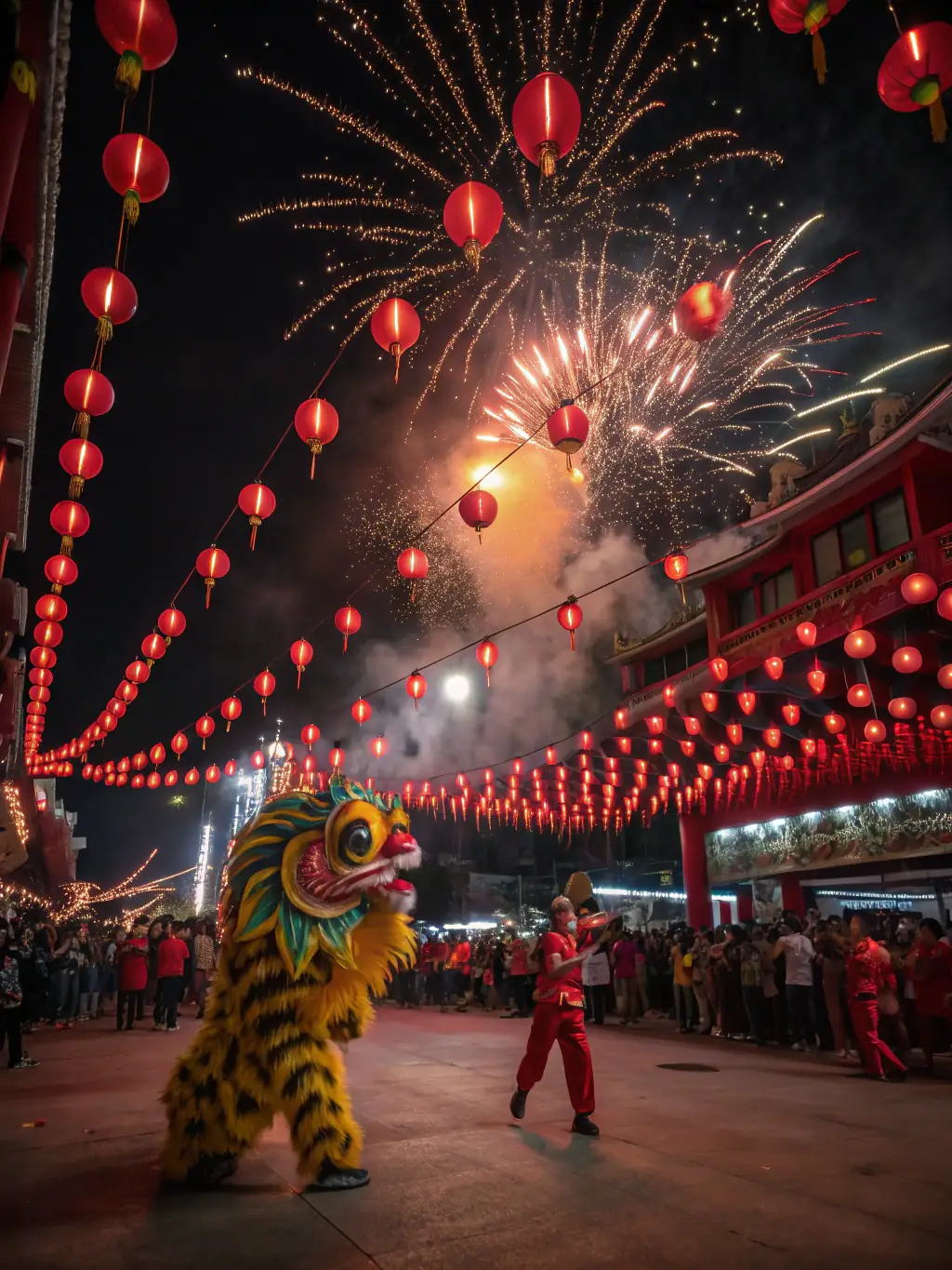 A photograph capturing the vibrant atmosphere of a Lunar New Year dragon dance in San Francisco's Chinatown, with crowds cheering and colorful banners waving.