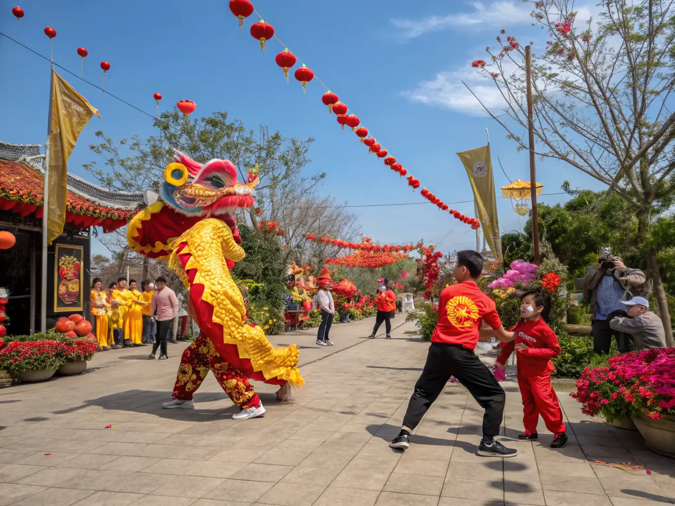 A photograph capturing a vibrant Lunar New Year parade, featuring a long, colorful dragon being carried through a bustling city street, surrounded by cheering crowds and traditional decorations.