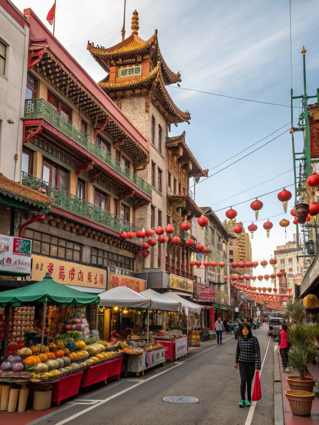 A vibrant image of a Lunar New Year celebration in San Francisco, showcasing the colorful costumes and festive atmosphere, with the Golden Gate Bridge in the distance.