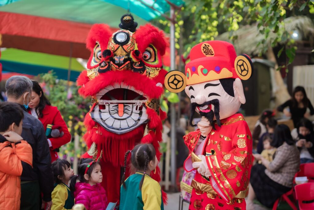 Vibrant Chinese New Year celebration with dragon costume and traditional attire, featuring a festive parade atmosphere.